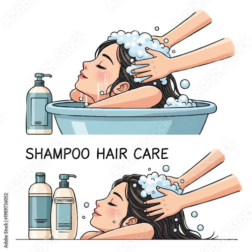 Woman washing hair with shampoo and conditioner bottles nearby.