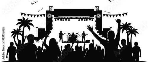 Outdoor concert with a band playing on stage and a large crowd cheering, palm trees. vector illustration.