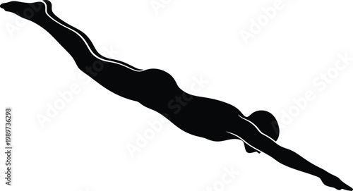 Silhouette of a person diving into water with arms extended on transparent background.