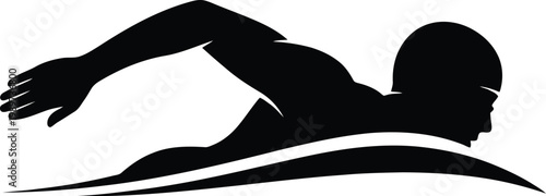 Professional swimmer silhouette performing front crawl stroke in water stylized wave.