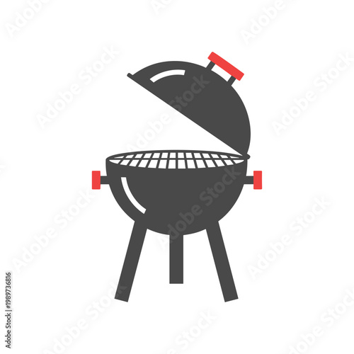 A stylized illustration of a charcoal grill with a lid and three legs for outdoor cooking