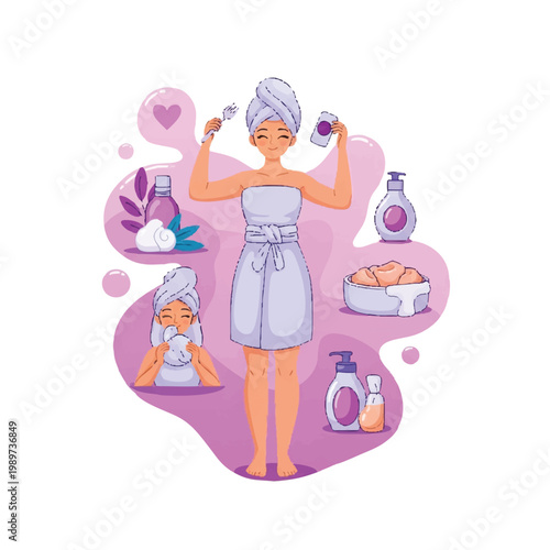 Woman performing skincare routine with beauty products and tools.