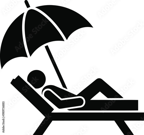 Person relaxing on beach chair under umbrella, summer vacation simple silhouette graphic.