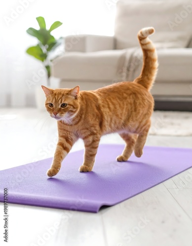 An orange tabby cat walks on a purple yoga mat indoors, with a blurry couch, plant, and floorboards in the background