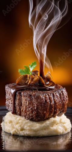 Gourmet Steak with Chocolate Sauce on a Bed of Mashed Potatoes