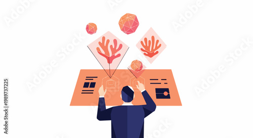 Professional Engages with Futuristic Holographic Interface, Manipulating Abstract Organic Data and Geometric Visualizations in a Modern Setting