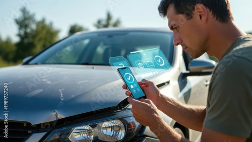 Man uses a smartphone with holographic interface to manage a car issue or insurance claim near a damaged vehicle, showcasing modern digital assistance and connected automotive solutions.