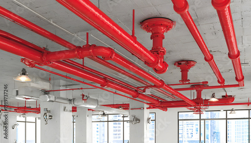 Bright red sprinkler pipes and sprinkler heads installed on a ceiling. Fire suppression system ensures safety, protection against potential fire hazards in building, indoor infrastructure.