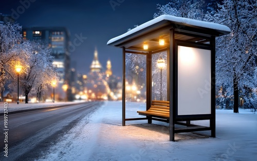 Snowy Night Scene with Bench in Park