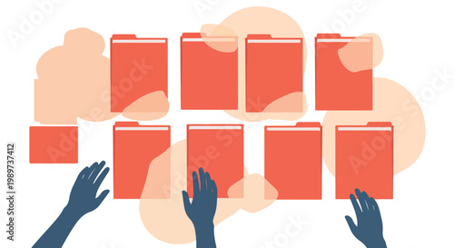 Collaborative digital file management, multiple hands reaching for organized red folders, representing data access and teamwork in a virtual space.