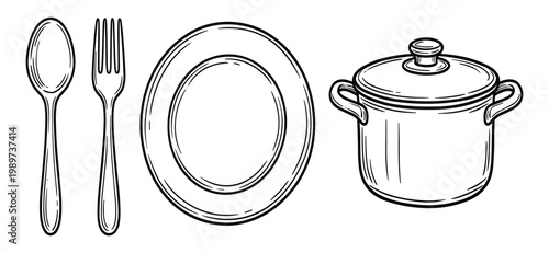 Drawn kitchen utensils, spoon, fork, plate and pot on transparent background