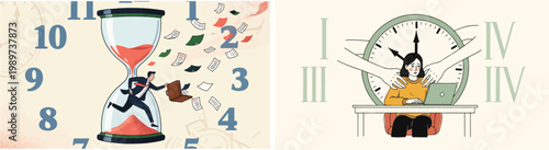 Conceptual illustrations of businessman running in an hourglass and a stressed woman at a desk with a clock.