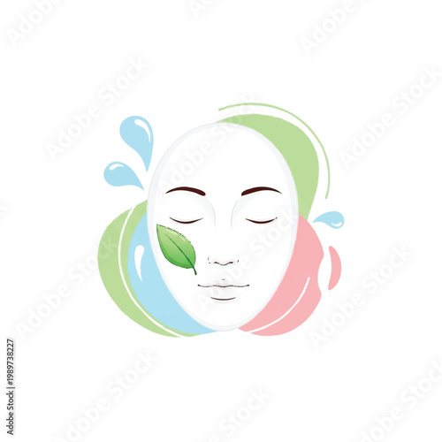 Woman face with leaf and water splashes for beauty and wellness.