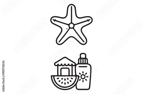 Simple line drawing of a starfish beach umbrella and sunscreen bottle