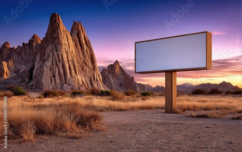 Empty Billboard in Desert Landscape at Sunset