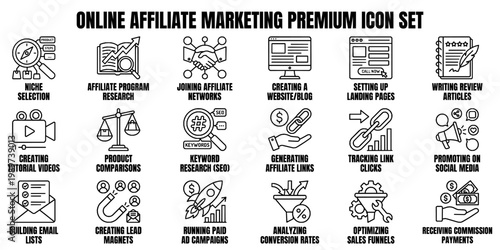Affiliate marketing and digital referral program line art icon set