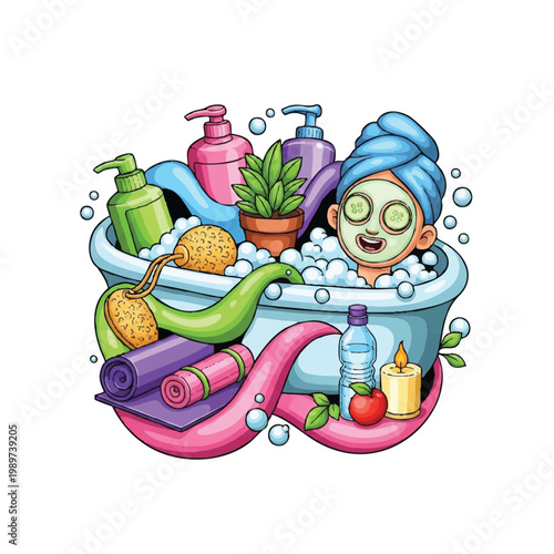 Woman Enjoying a Relaxing Bath with Skincare Products and Bubbles.