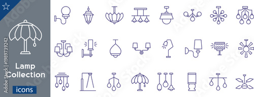 24 Lamp Collection Icons Minimalist Monolinear Line Art for Ceiling, Wall, Floor, and Table Lighting Fixtures