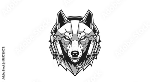 Geometric Wolf Head with Gaming Headphones Emblem.