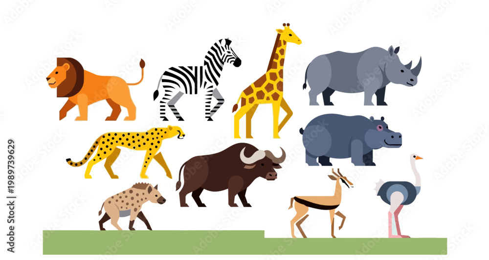 Obraz premium A colorful illustration depicts a variety of african savanna animals together