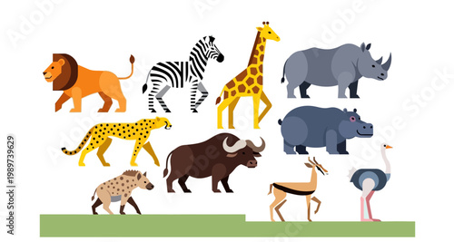 A colorful illustration depicts a variety of african savanna animals together