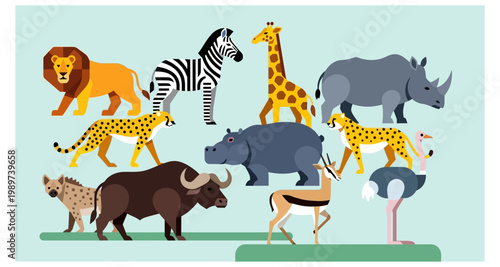 A colorful illustration depicts a diverse group of african savanna animals