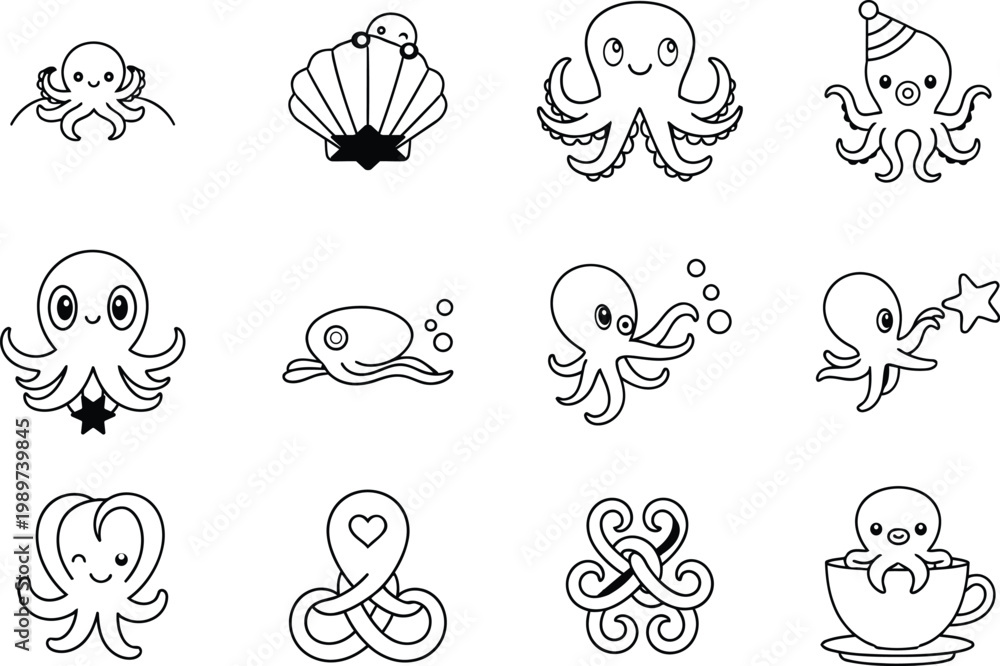 Fototapeta premium Collection of charming black and white octopus illustrations in various poses