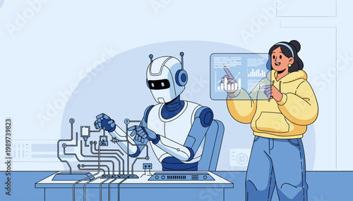 AI robot building system with engineer analyzing data, automation and machine learning concept