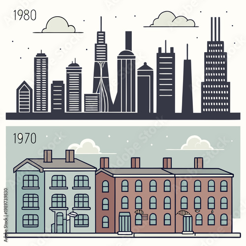 Urban development comparison graphic illustrating 1980 modern city skyline and 1970 residential apartment buildings with development evolution architecture building skyscraper apartment timeline