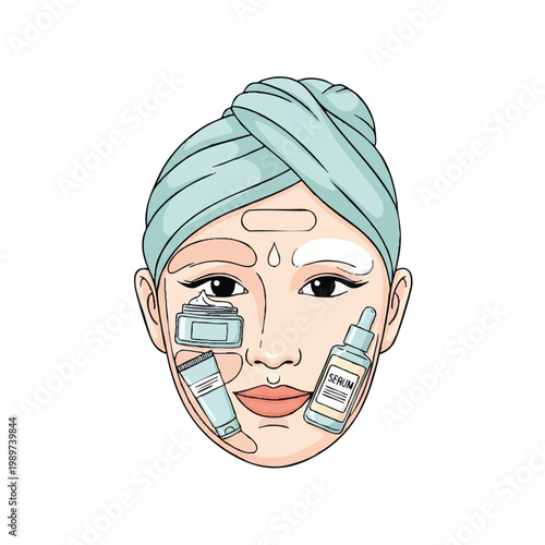 Woman applying skincare products to her face with a towel on her head.