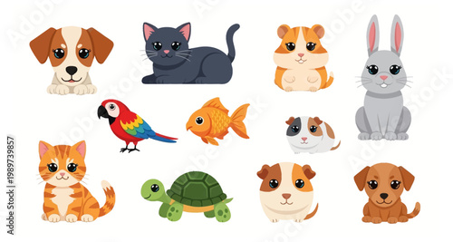 A colorful collection of cartoon animals including pets birds and reptiles