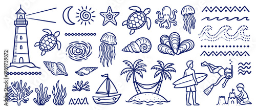 Hand Drawn Summer Beach Doodles Set, Nautical Marine Life Vector Icons, Coastal Vacation Elements in Monoline Sketch Style Isolated on White