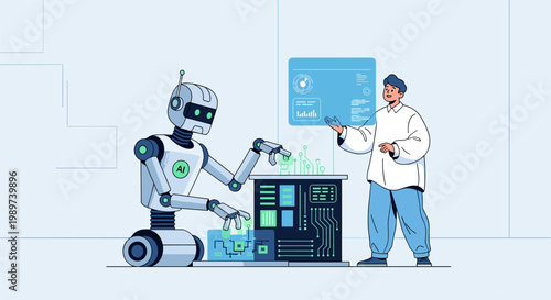Engineer working with AI robot on machine learning system development