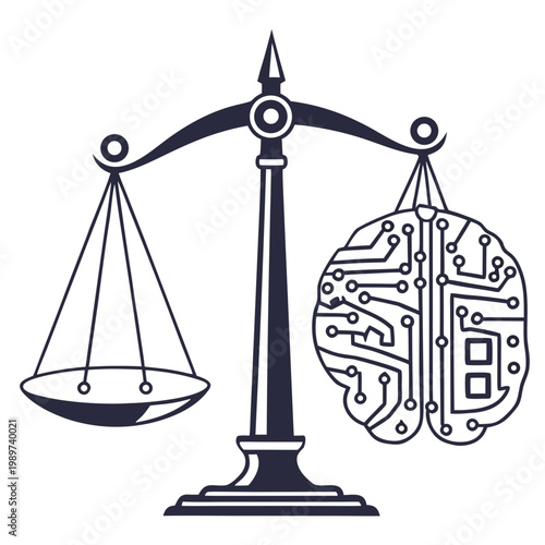 Artificial intelligence ethics and digital law concept with brain circuitry on justice scales technology artificial intelligence regulation judgment fairness responsibility innovation
