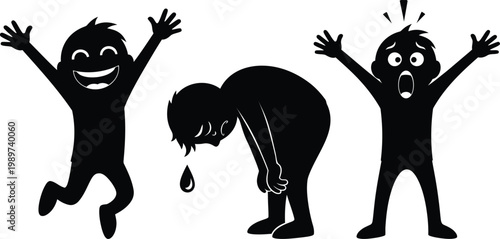 Three silhouetted cartoon figures joy despair and shock isolated on transparent background