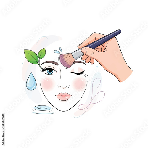 Woman applying makeup with a brush and water elements.