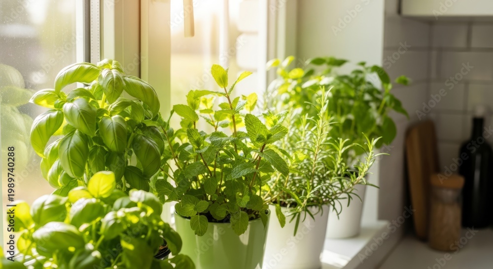 Fototapeta premium Fresh Potted Herbs Growing on a Sunny Windowsill