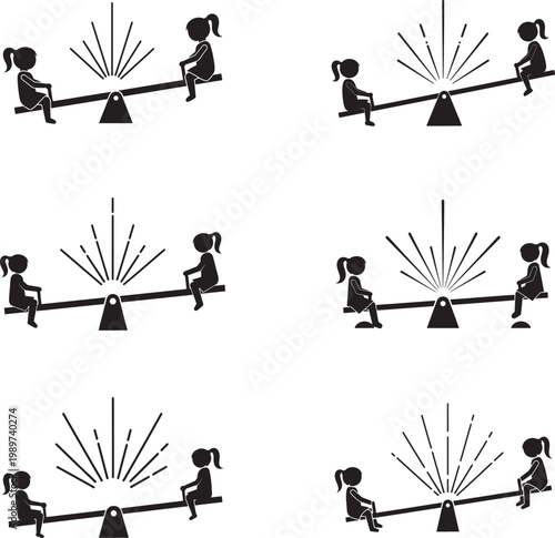 Silhouette Of Girls Playing On Seesaw In Various Positions