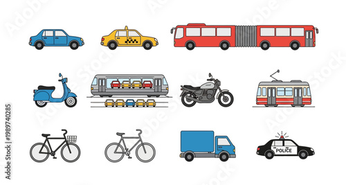 Colorful illustration depicting various modes of transportation including cars buses and motorcycles