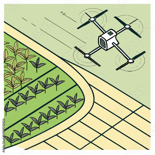 Isometric illustration of an agricultural drone monitoring and inspecting crops in a smart farming field with agriculture technology quadcopter monitoring inspection precision automation