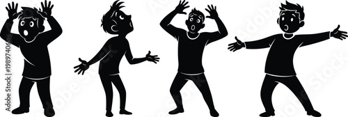 Four silhouetted figures with raised arms isolated on transparent background
