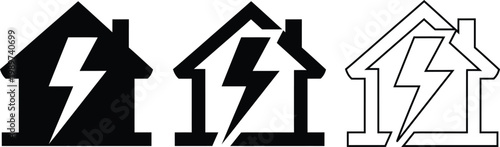 Electrical hazard warning signs three variations of house with lightning bolt