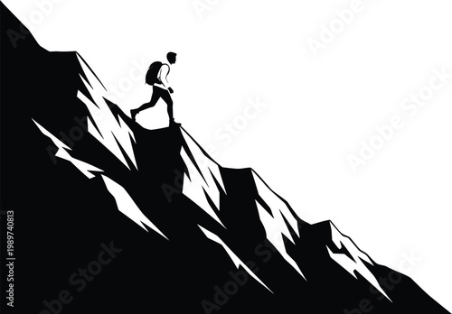 A lone adventurer scaling a steep mountain cliff with determination and focus