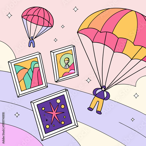 Parachutists delivering framed abstract art pieces in a dreamlike sky with pastel colors the scene is set against a soft ethereal background with floating diamonds digital art parachutist