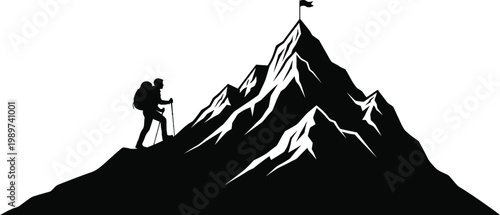 Determined hiker ascending a rugged mountain peak with a backpack and trekking poles