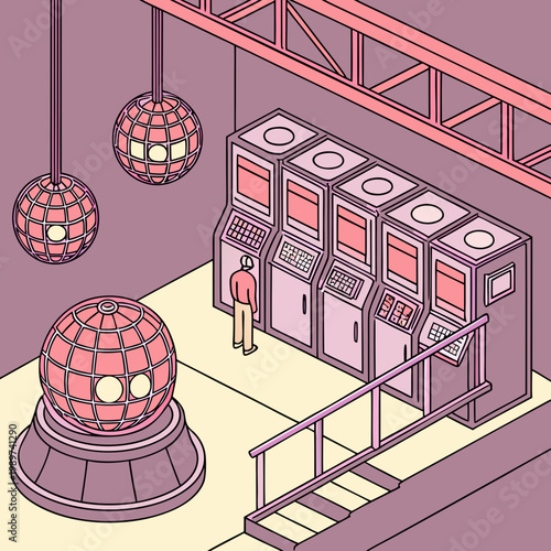 Isometric factory control room with a technician monitoring industrial machinery and data server units industry technician industrial isometric illustration engineering manufacturing equipment