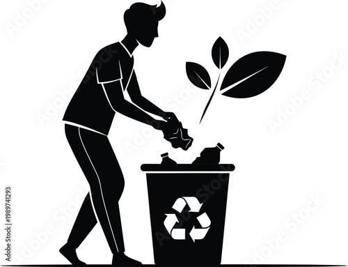 Person disposing recyclables into a recycling bin with a growing plant symbolizing sustainability