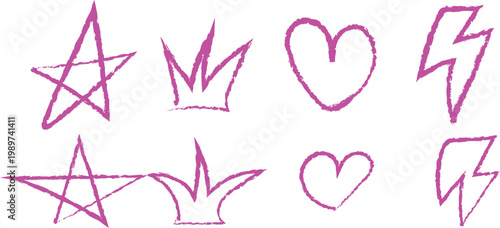 Neon pink doodles stars crowns hearts and lightning bolts