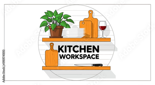 Kitchen workspace with shelves and kitchen utensils and a potted plant