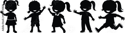 Silhouette of five joyful children isolated on transparent background